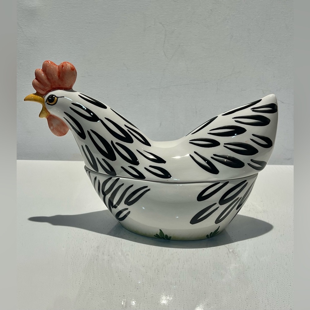 Vintage Rooster Dish Italy Oval Covered Egg Bowl Butter Dish Hand Painted Rare